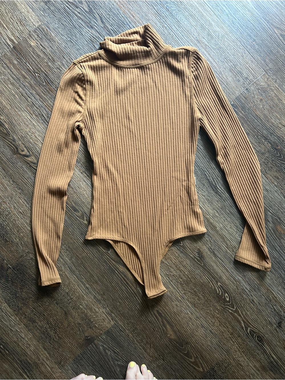 Vuori Ribbed Turtleneck Bodysuit in Caramel Brown